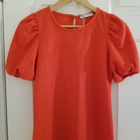 🌷ZARA • Orange Tweed-effect Short Puff Sleeve A-Line Shift Dress NWT - Picture 6 of 15